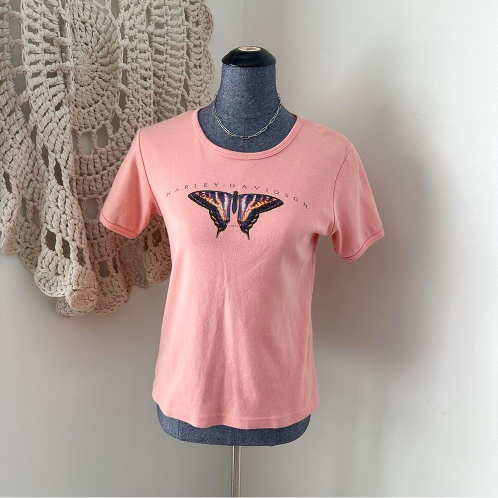 Harley-Davidson Y2K Orange Butterfly Fitted Short Sleeve Baby Tee Size Large